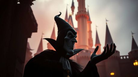 A captivating fine art photograph depicting a Disney villain casting a spell within a softly focused castle.  The image evoke