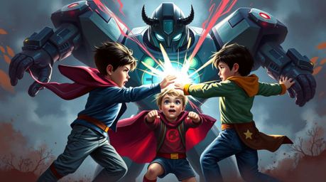 Witness an epic showdown in this digital painting! Three superpowered children face off against a formidable robot in a vibra