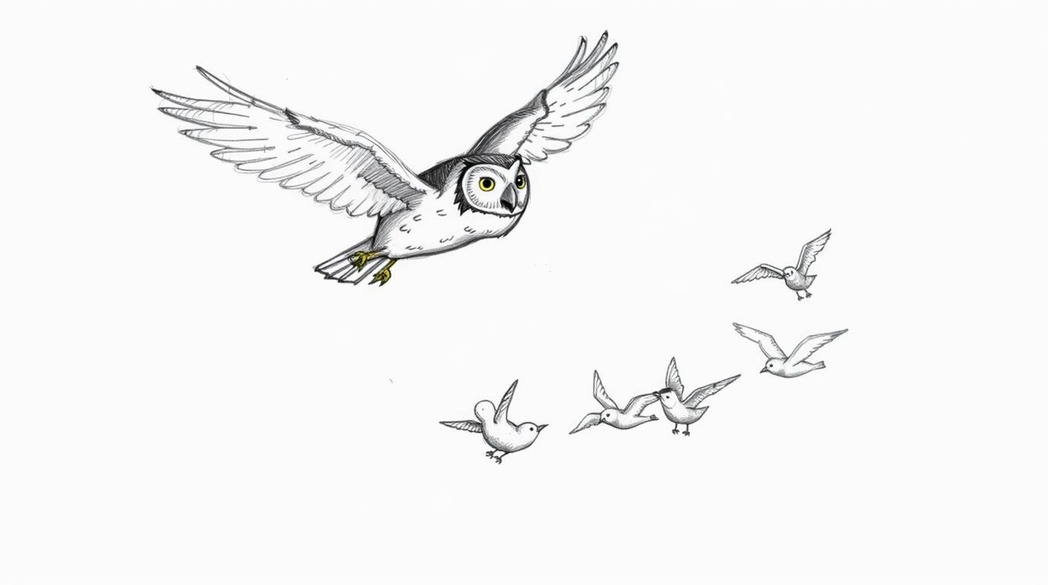 A captivating hand-drawn sketch in the style of Pixar portrays a heartwarming scene: a blind owl, wings outstretched mid-flig