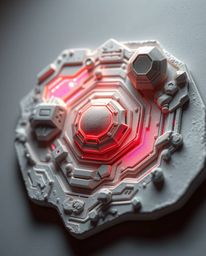 A gentle, soft light bathes a sculptural clay art piece depicting a futuristic digital interface. The artwork features geomet