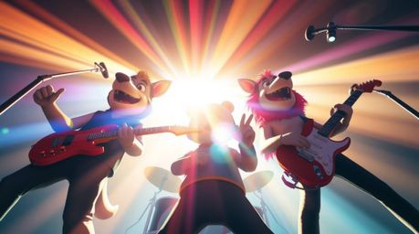 Experience a dynamic and dramatic low-angle rendering of a cartoon animal rock band.  The image features vibrant colors, brig