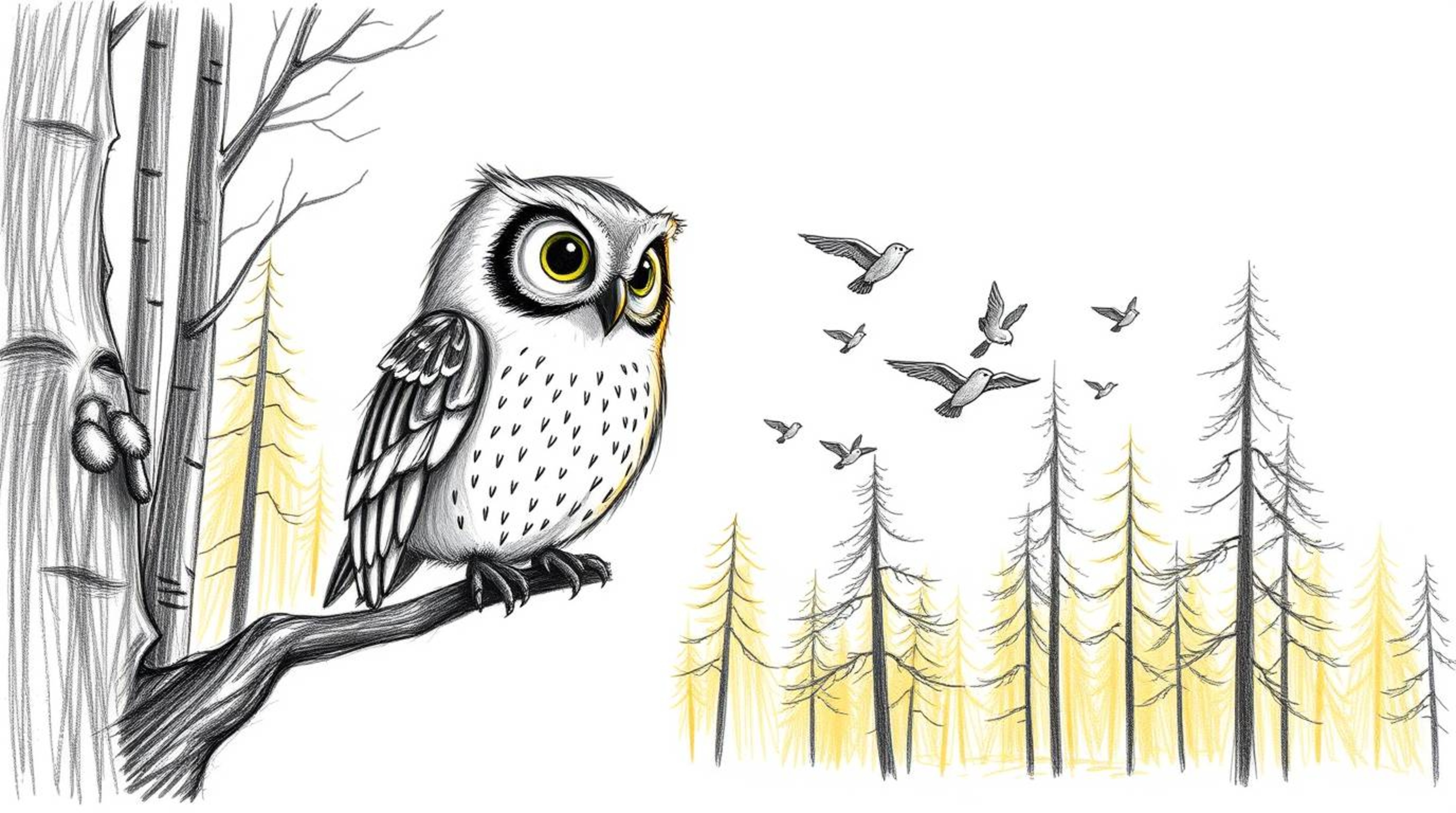 A charming hand-drawn pencil sketch depicts a blind owl, rendered in a Pixar-esque style, with soft, rounded features.  The o