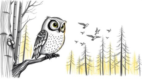 A charming hand-drawn pencil sketch depicts a blind owl, rendered in a Pixar-esque style, with soft, rounded features.  The o