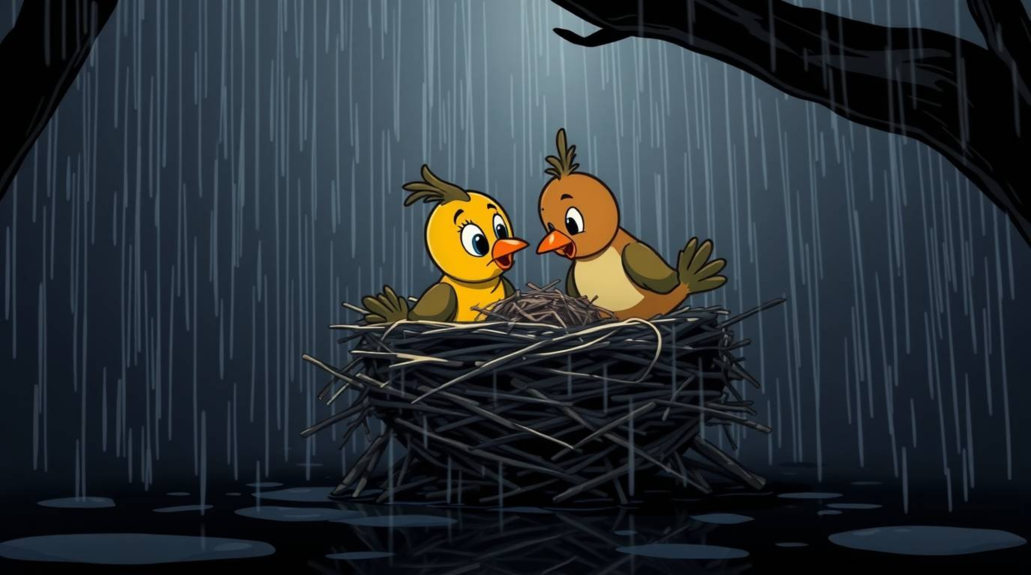 Witness two charming cartoon birds diligently constructing their nest in a captivating classic animation style. The scene is