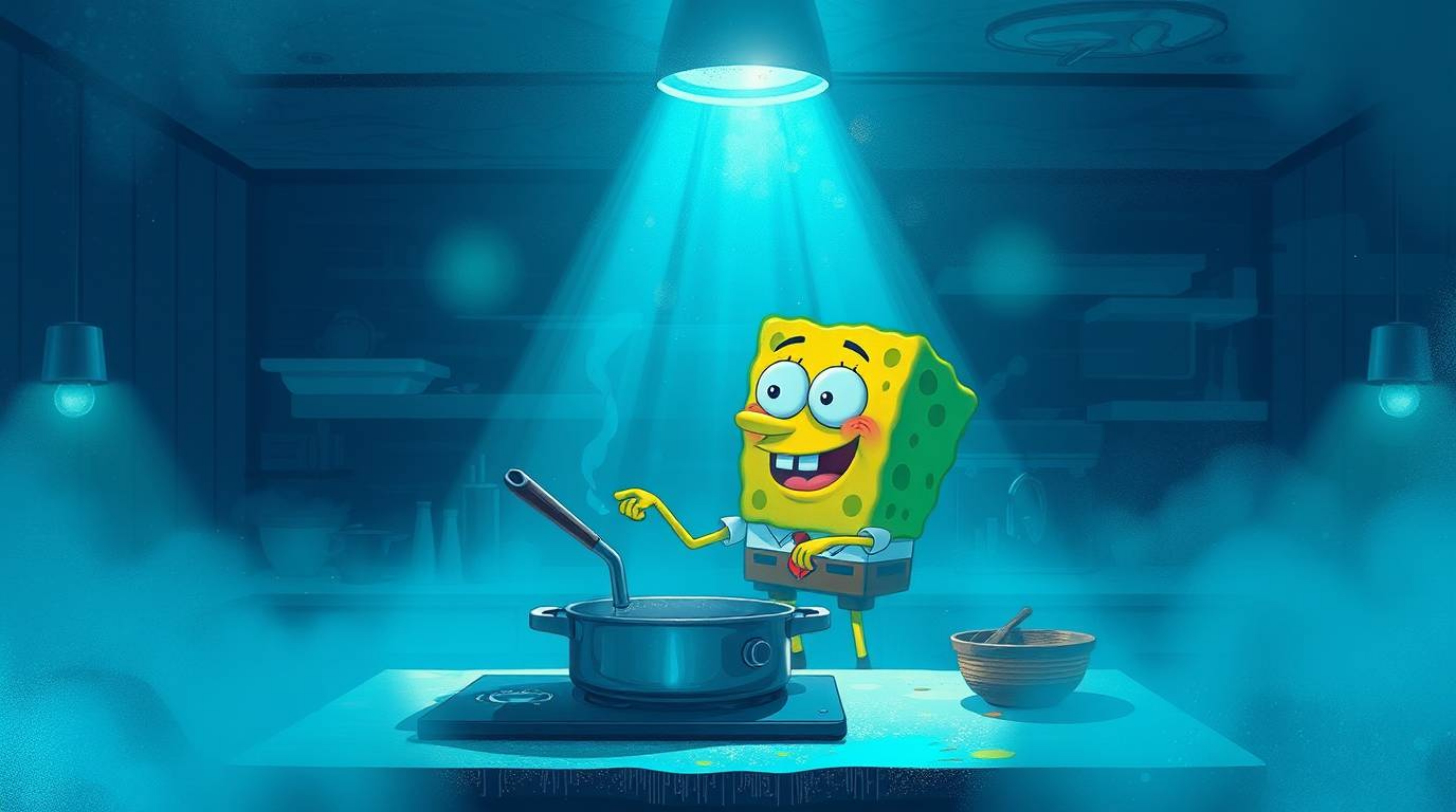 An illustration showcasing a sponge character engrossed in cooking within an underwater kitchen, enveloped in a dense fog tha