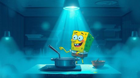 An illustration showcasing a sponge character engrossed in cooking within an underwater kitchen, enveloped in a dense fog tha