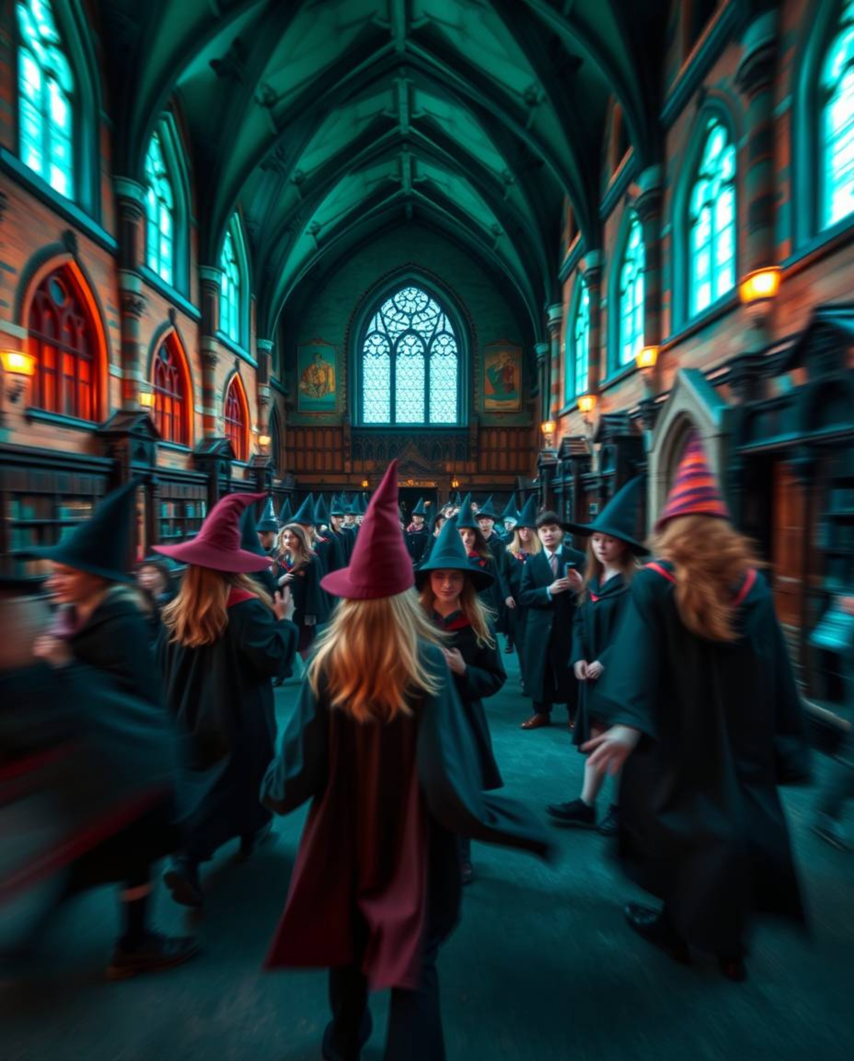 Capture the enchanting atmosphere of a magical school filled with young wizards through long exposure photography, emphasizin