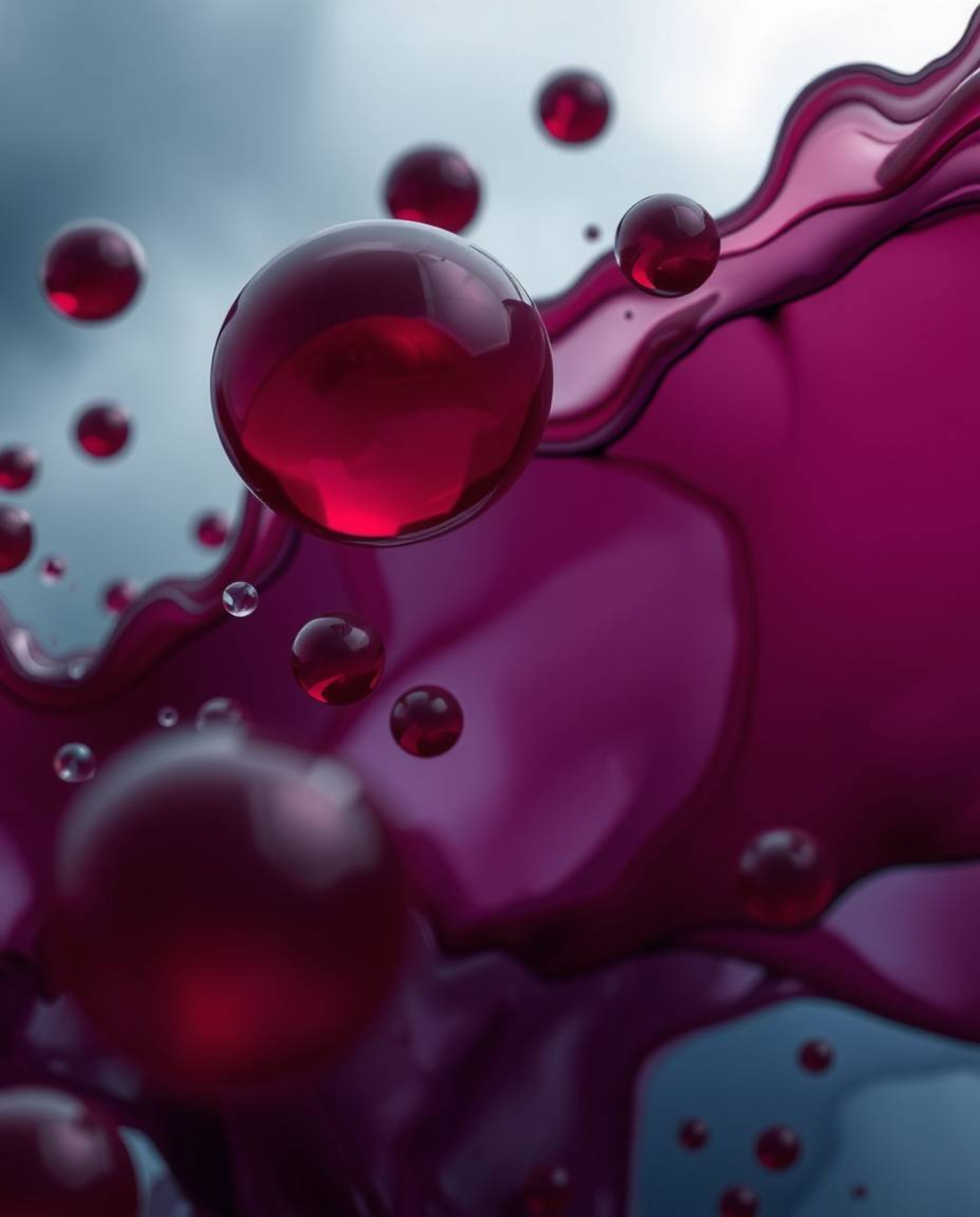 An extreme macro close-up reveals rich burgundy and deep blue translucent fluid organic blobs floating in the vastness of spa