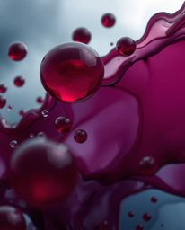 An extreme macro close-up reveals rich burgundy and deep blue translucent fluid organic blobs floating in the vastness of spa