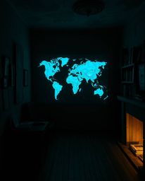 Discover a mesmerizing image of a bioluminescent map projected onto a handcrafted papier-mâché surface in an old study.  The 