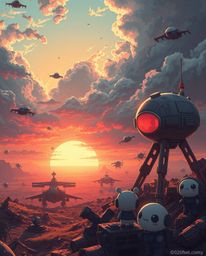 A captivating blend of futuristic sci-fi and charming aesthetics. This artwork depicts a breathtaking sunrise over a war-torn