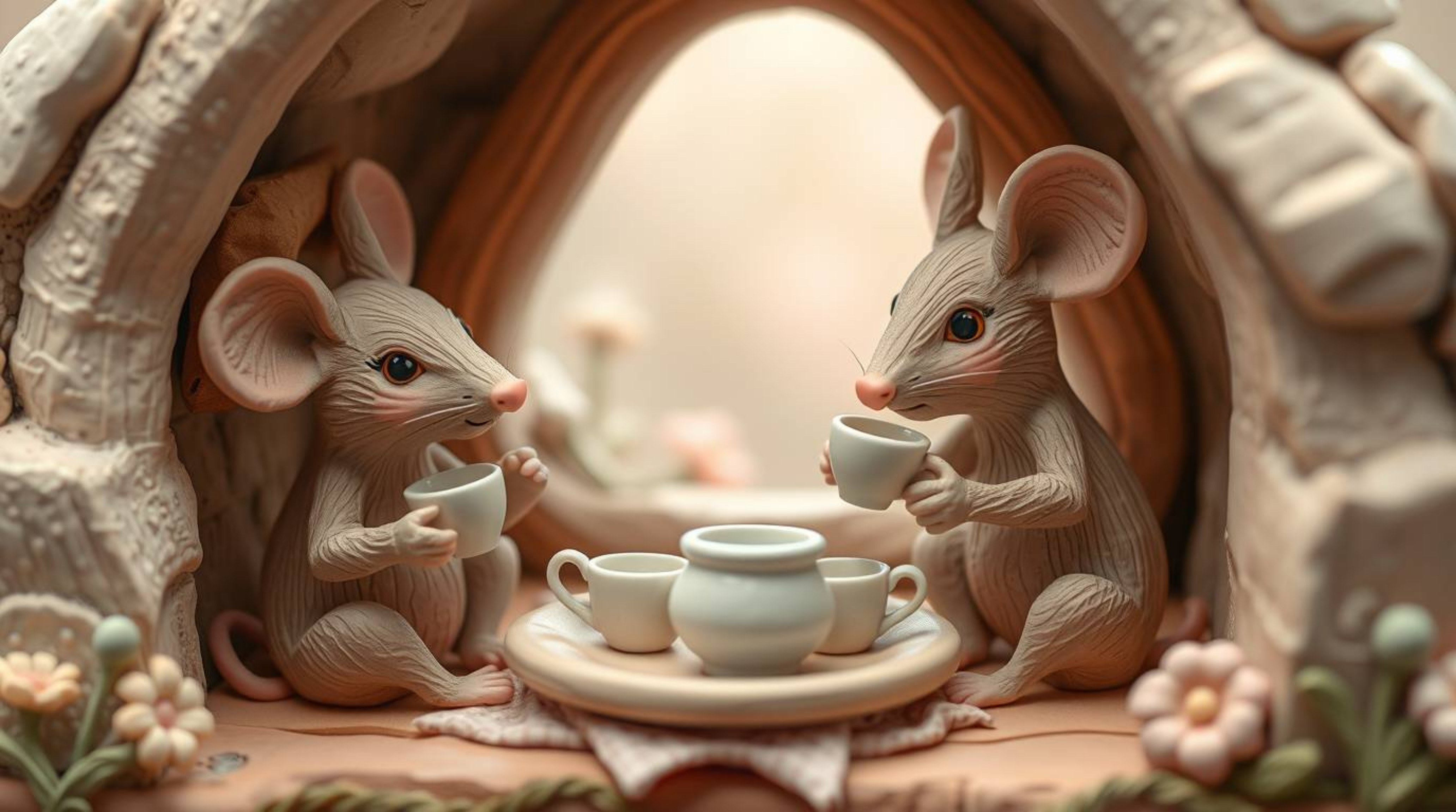 Delightful sculptural clay art depicts anthropomorphic mice enjoying a tea party in a cozy cottage.  Soft pastel colors, a dr