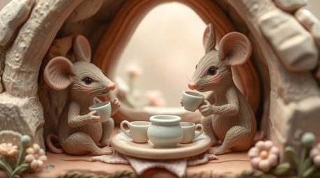 Delightful sculptural clay art depicts anthropomorphic mice enjoying a tea party in a cozy cottage. Soft pastel colors, a dr