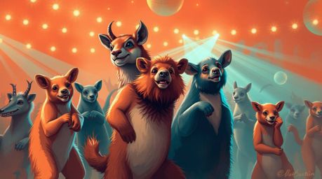 Immerse yourself in a vibrant digital painting depicting an animal dance party under swirling disco lights. The artwork utili