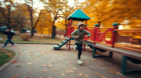 Experience a dramatic slow-motion run through a playground bathed in warm autumn colors.  The video features a blurred bokeh 