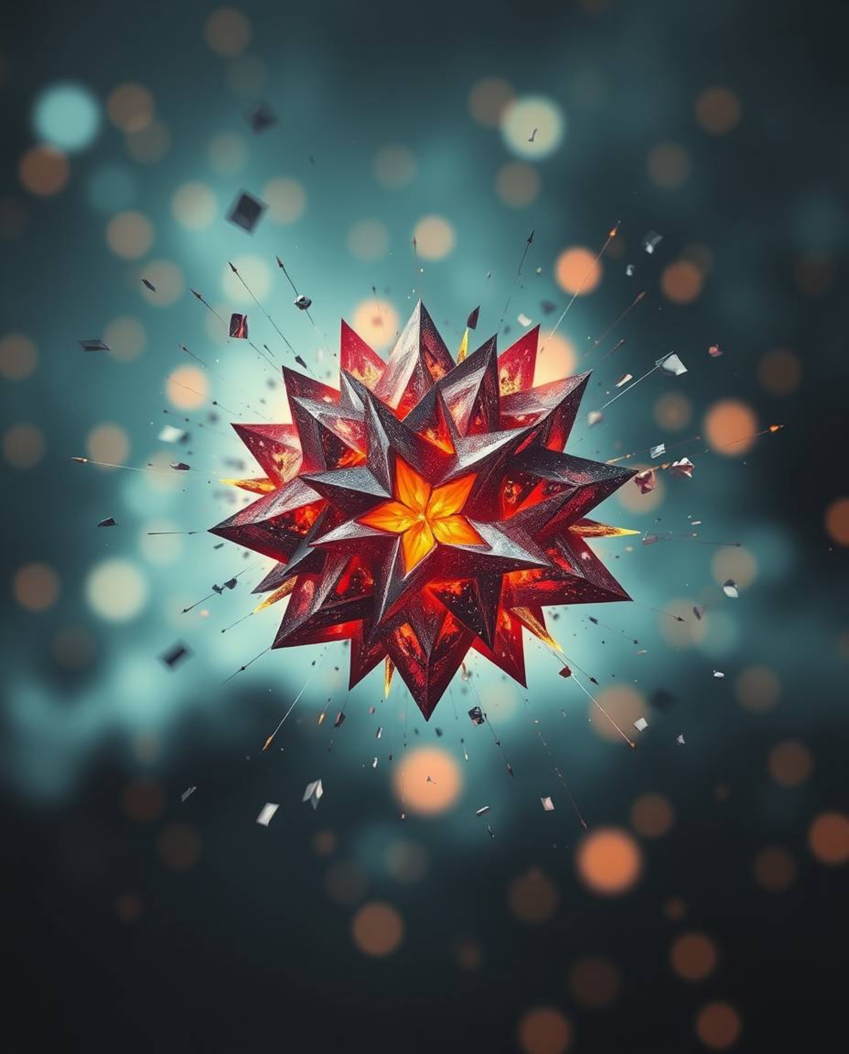 A strong, moody image depicting a cosmic explosion rendered in intricate origami style with a blurred bokeh effect.  Collidin