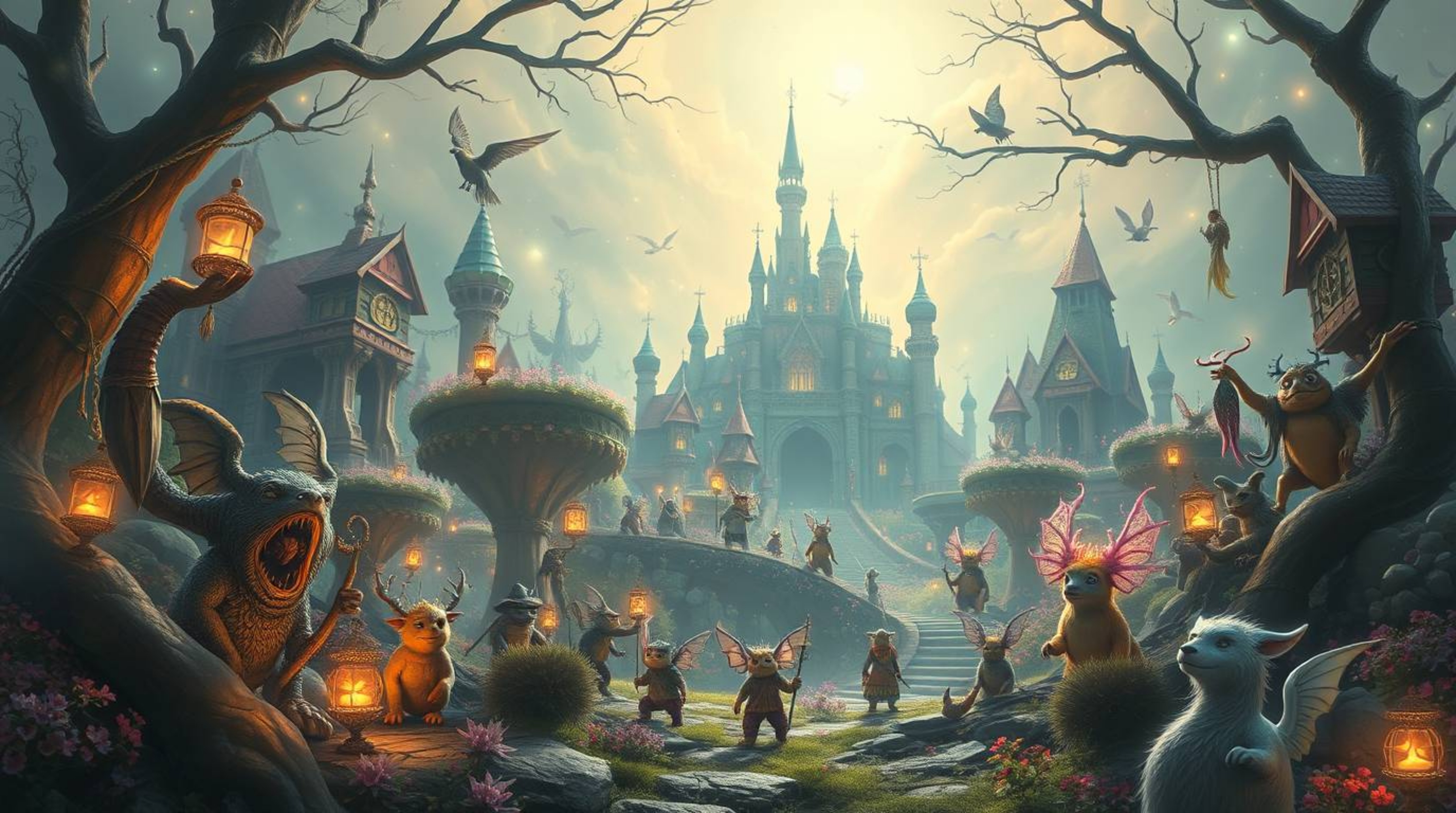 Immerse yourself in a whimsical fantasy kingdom brimming with quirky magical creatures, radiating an ethereal and spiritual a