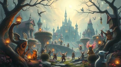 Immerse yourself in a whimsical fantasy kingdom brimming with quirky magical creatures, radiating an ethereal and spiritual a