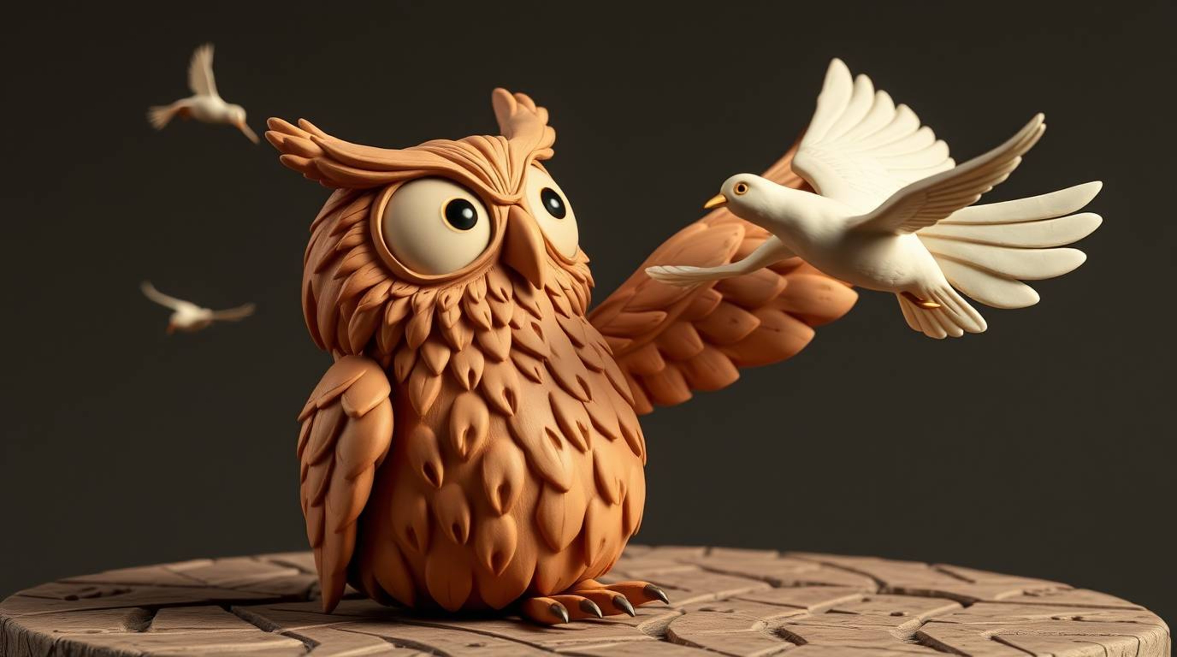 This artwork features a Pixar-style blind owl, sculpted in clay with a textured surface and modeled shapes.  The owl, seeming