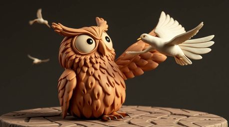 This artwork features a Pixar-style blind owl, sculpted in clay with a textured surface and modeled shapes.  The owl, seeming