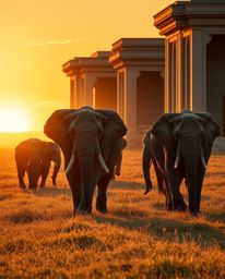 A precise architectural color photograph of elephants walking across a sunlit field at sunset, featuring a warm golden glow, 