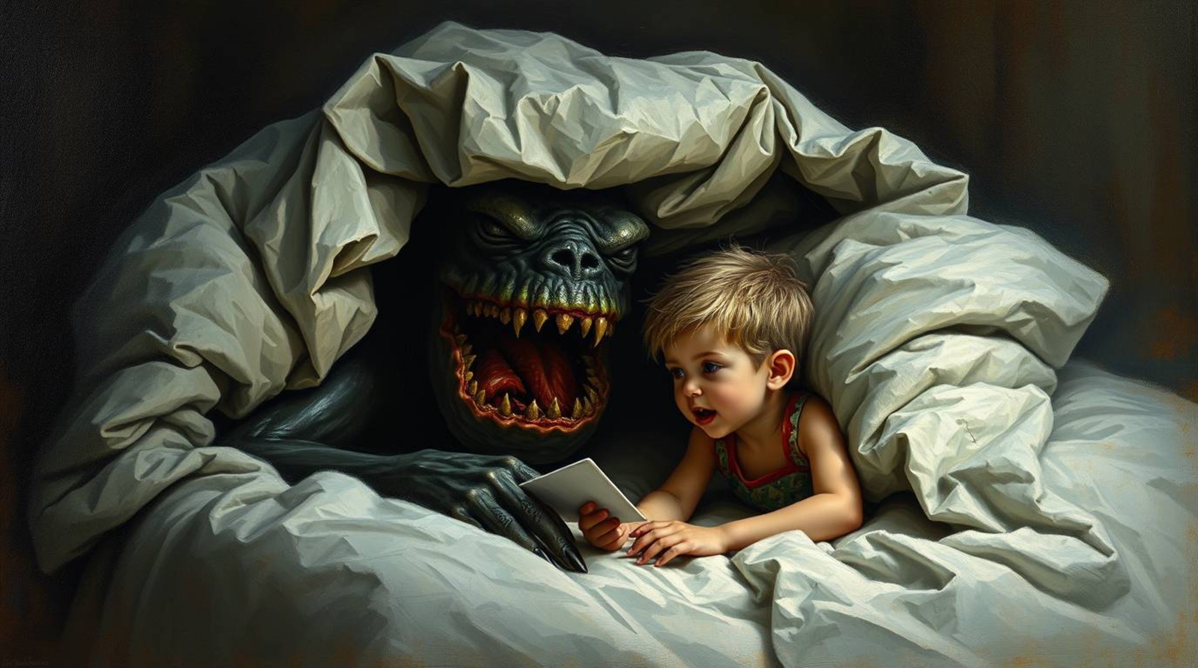 A captivating classic oil painting depicts a heartwarming scene of unlikely friendship.  A monster, lurking under the bed, fo
