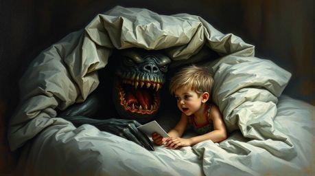 A captivating classic oil painting depicts a heartwarming scene of unlikely friendship.  A monster, lurking under the bed, fo