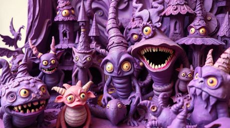 Explore a whimsical fantasy kingdom brought to life with layered papier-mâché, bathed in deep ultraviolet hues and bursting w