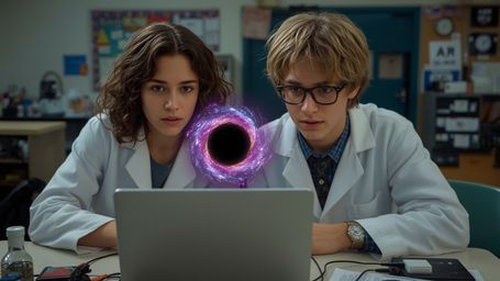 In a breathtakingly detailed, cinematic photograph with a fantastical, Pixar-inspired style, a science fair duo stands amidst