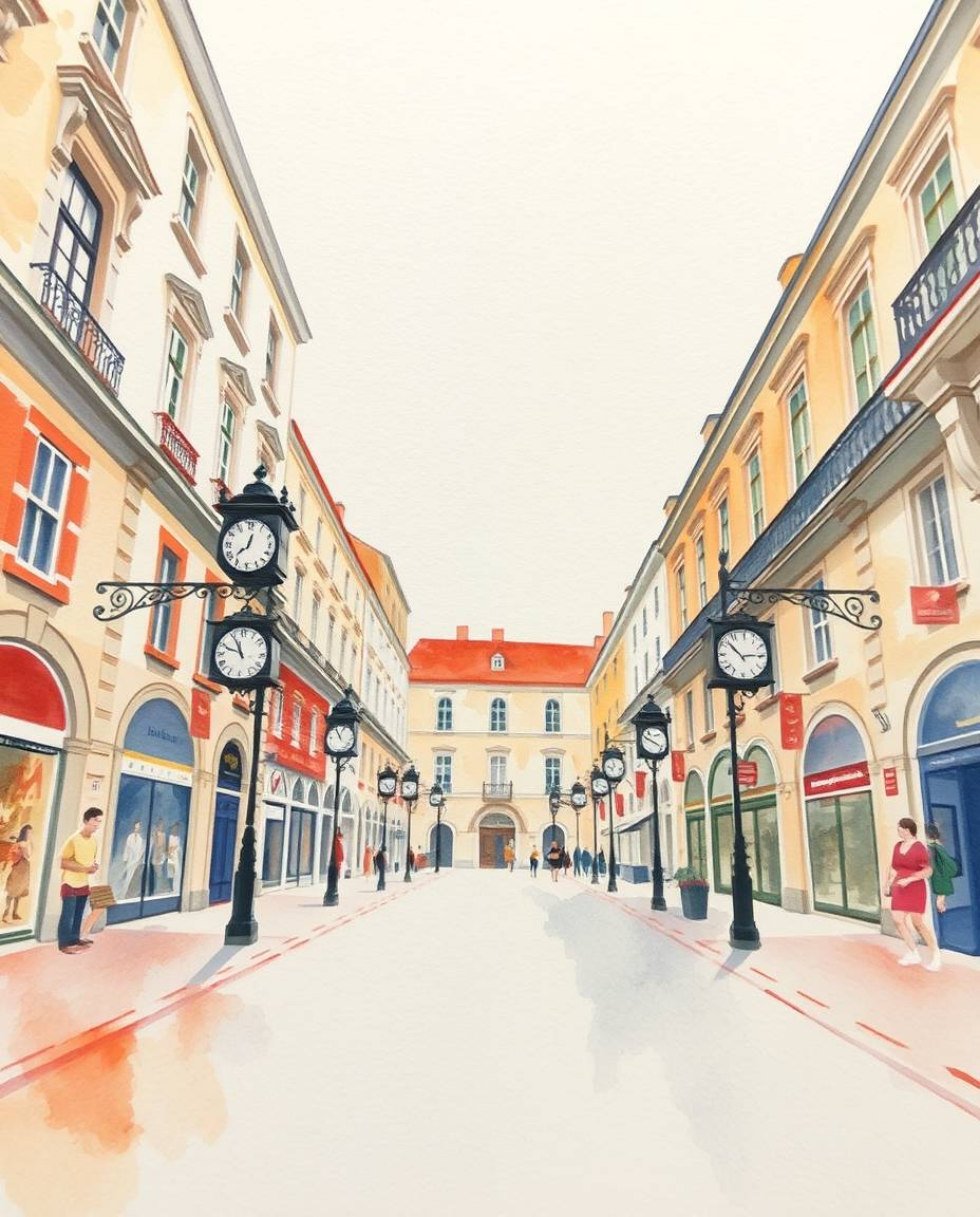 A delicate watercolor painting from a low angle captures an empty town square dominated by the sound of ticking clocks. The e
