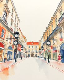 A delicate watercolor painting from a low angle captures an empty town square dominated by the sound of ticking clocks. The e