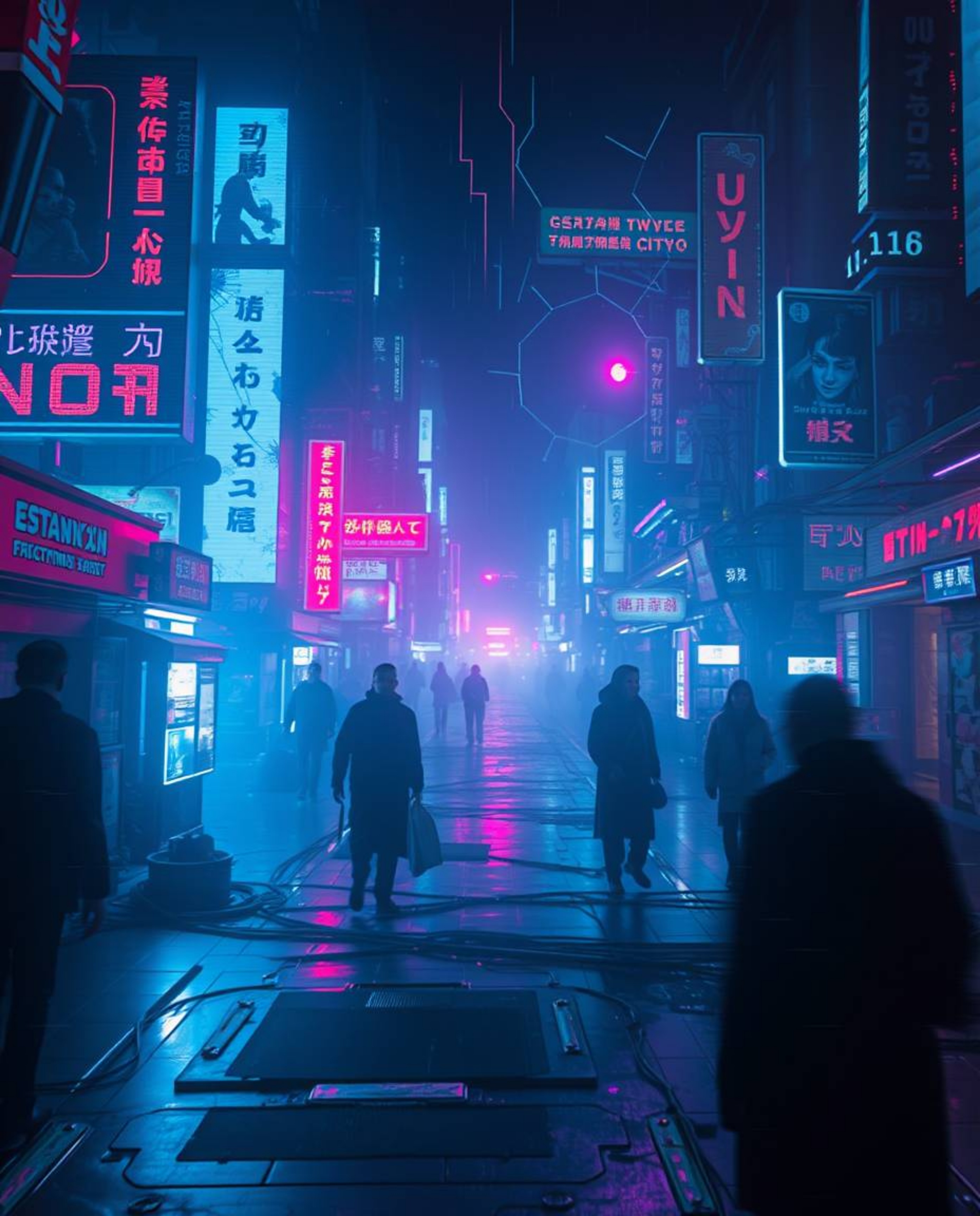 Experience the eerie beauty of a futuristic city bathed in creative light art. This unsettling scene showcases glitch mode ef