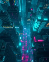 Experience a breathtaking bird's-eye view of a rich, deep teal futuristic cityscape, where vibrant neon splashes add a touch 