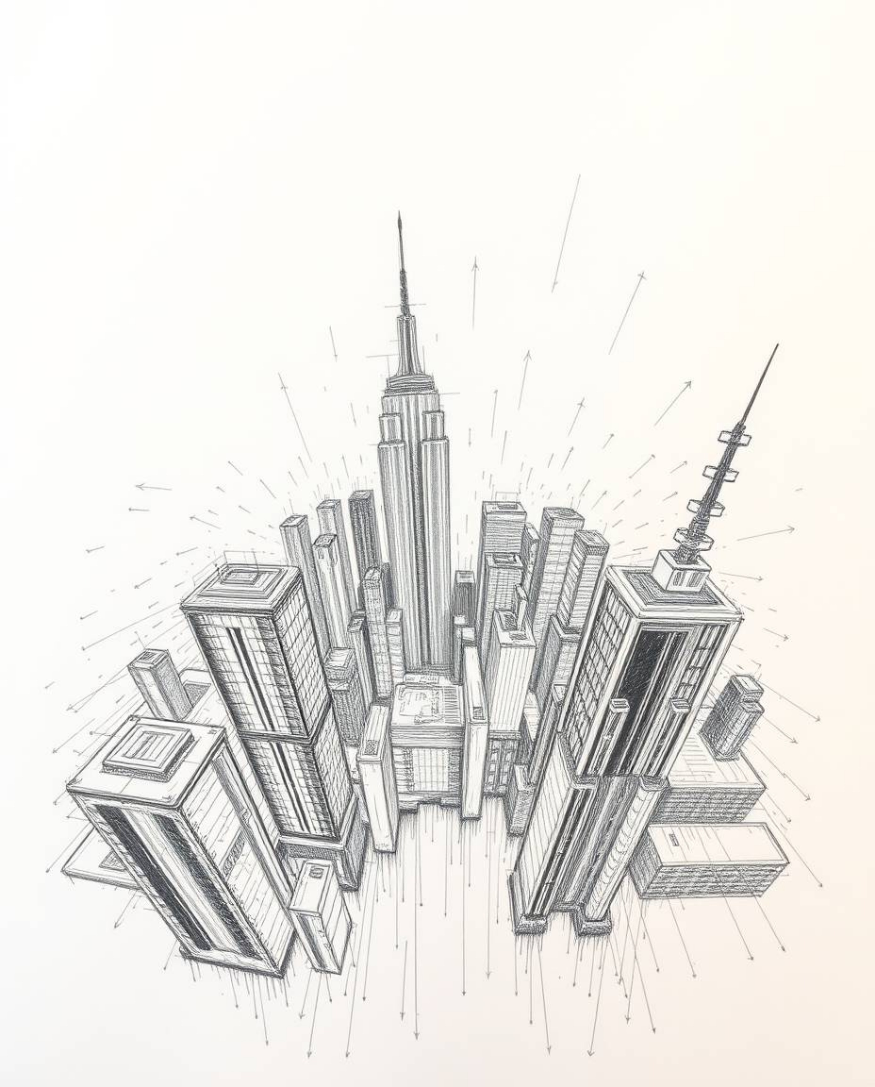 Explore a chaotic, glitch-ridden digital world from a bird's-eye view. This hand-drawn sketch depicts a landscape consumed by