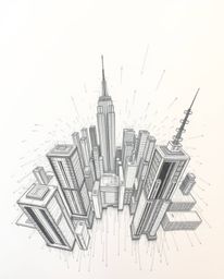 Explore a chaotic, glitch-ridden digital world from a bird's-eye view. This hand-drawn sketch depicts a landscape consumed by