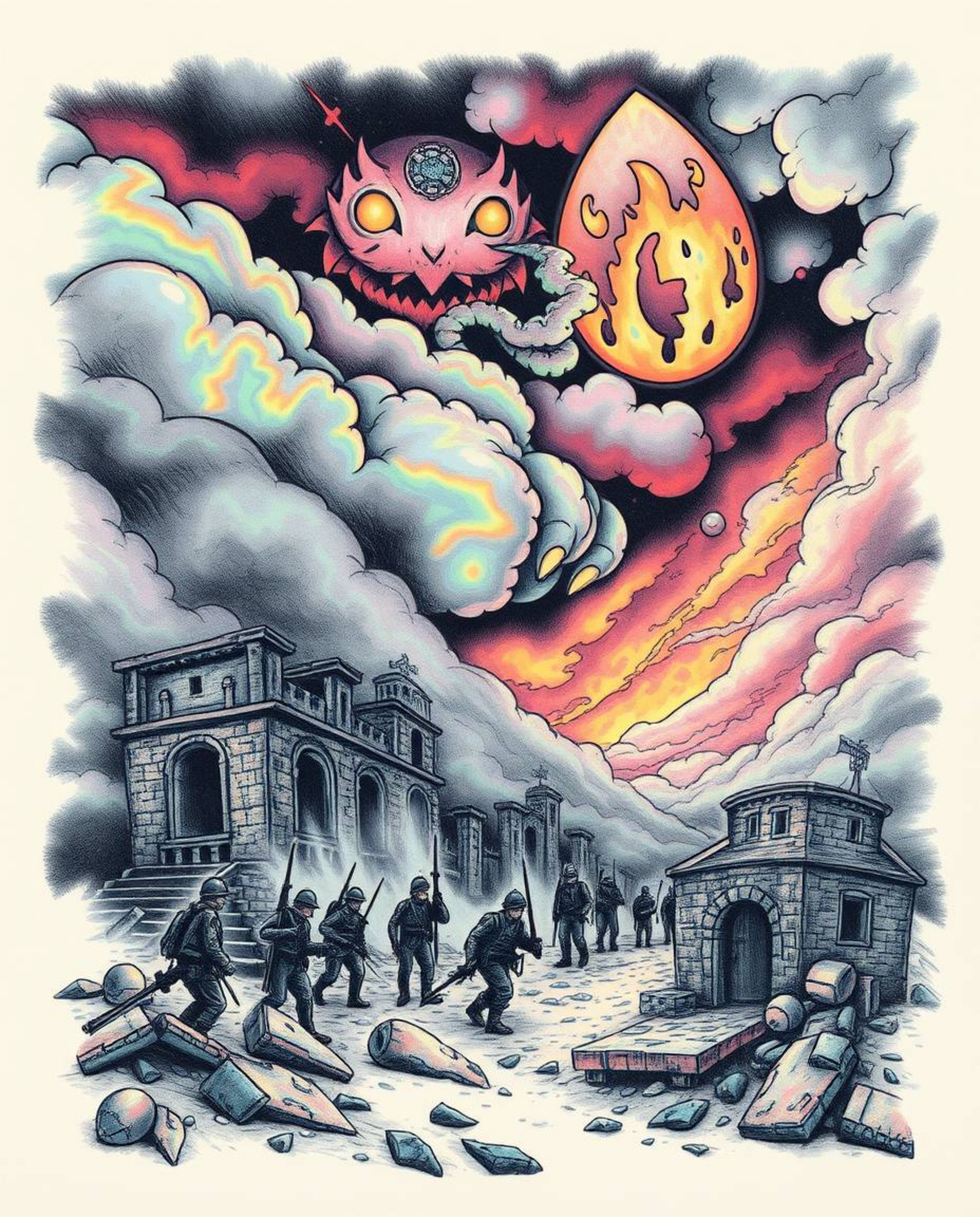 Explore a captivating symbolic traditional tattoo art print featuring iridescent colors vividly displayed over a dramatic bat