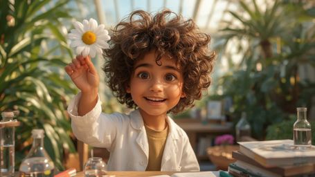 a vibrant, whimsical, and highly detailed photograph reminiscent of Pixar's stylized realism, depicting a bright-eyed, homesc