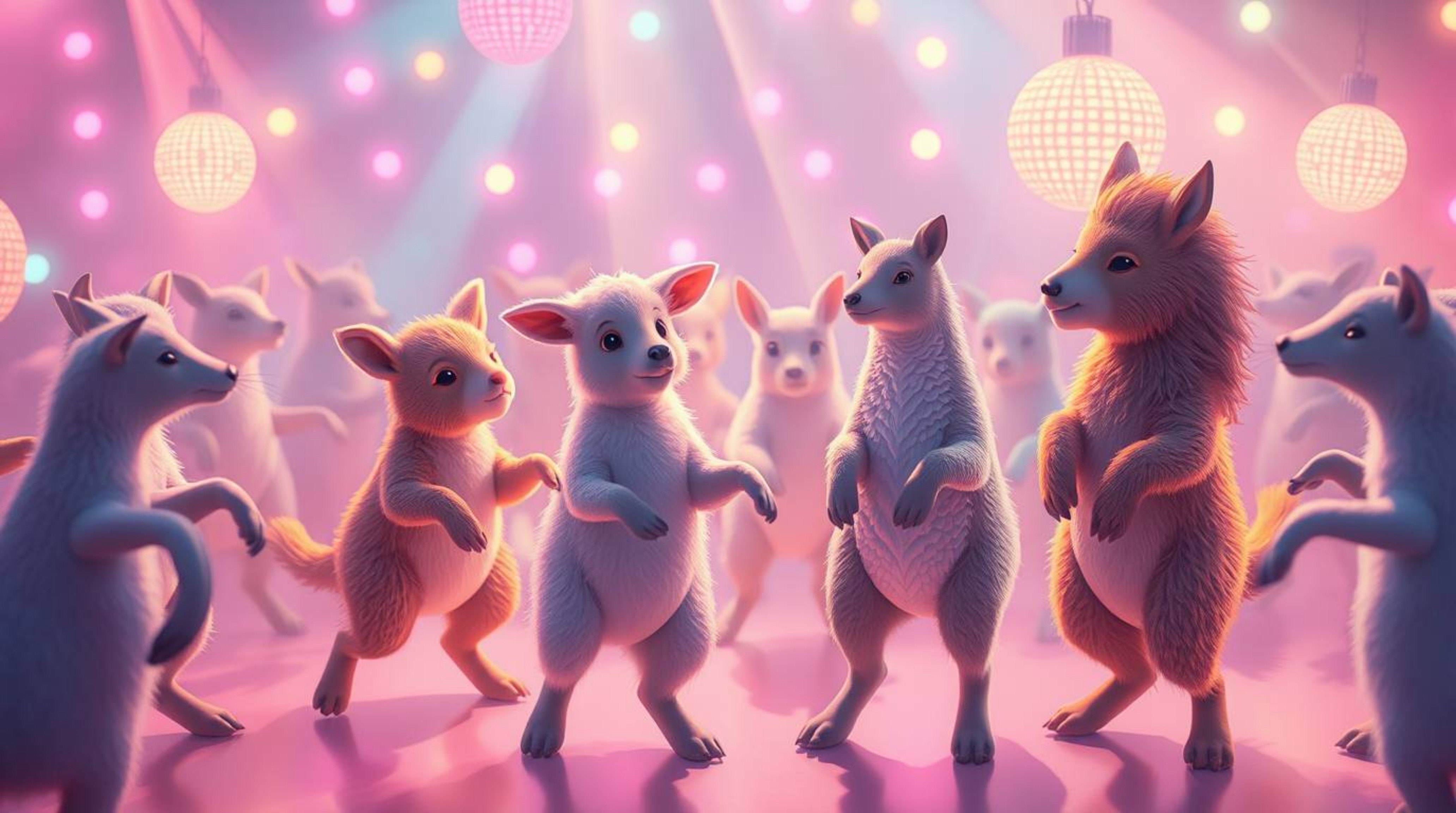 Immerse yourself in a dreamlike animal dance party bathed in soft pastel disco lights.  Gentle color contrasts create an ethe