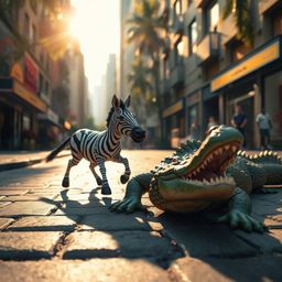 This high-angle, candid street photography captures a whimsical moment: a 3D cartoon zebra narrowly escaping a playful crocod