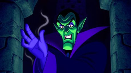 A classic Disney villain with sharp cheekbones and green skin casts a powerful spell within the imposing walls of a stone cas