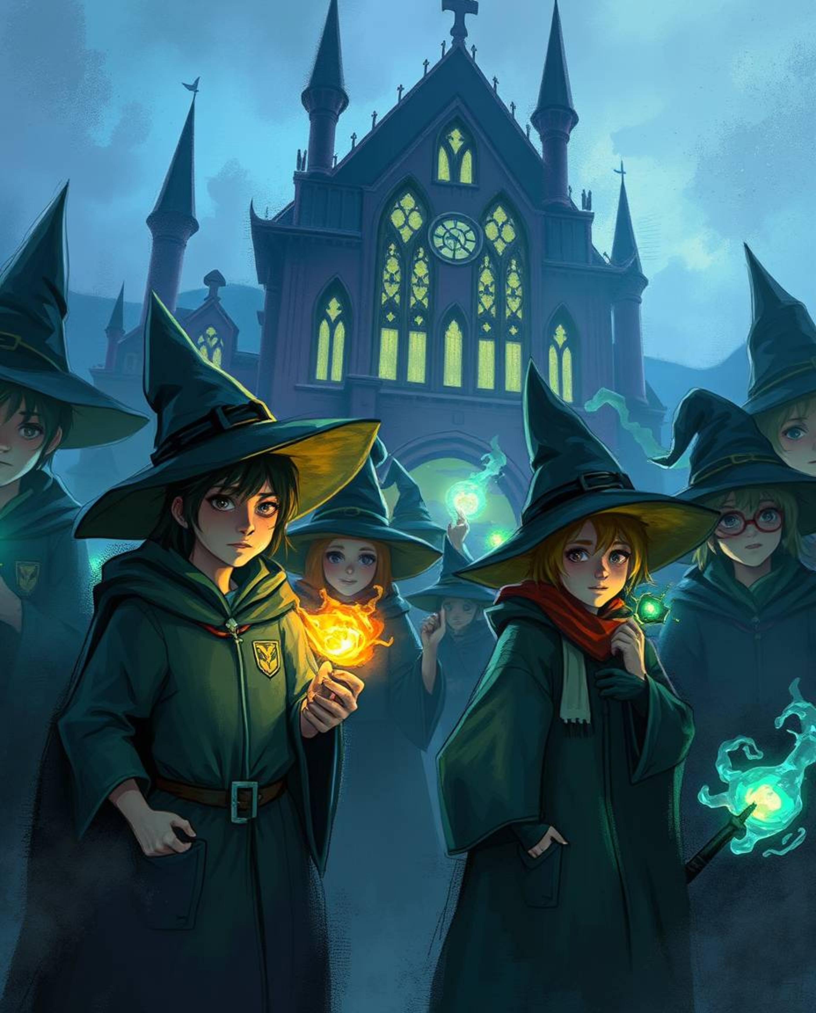 Immerse yourself in a dynamic digital sketch depicting a magical school brimming with young wizards. This artwork features gl