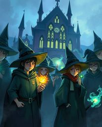 Immerse yourself in a dynamic digital sketch depicting a magical school brimming with young wizards. This artwork features gl