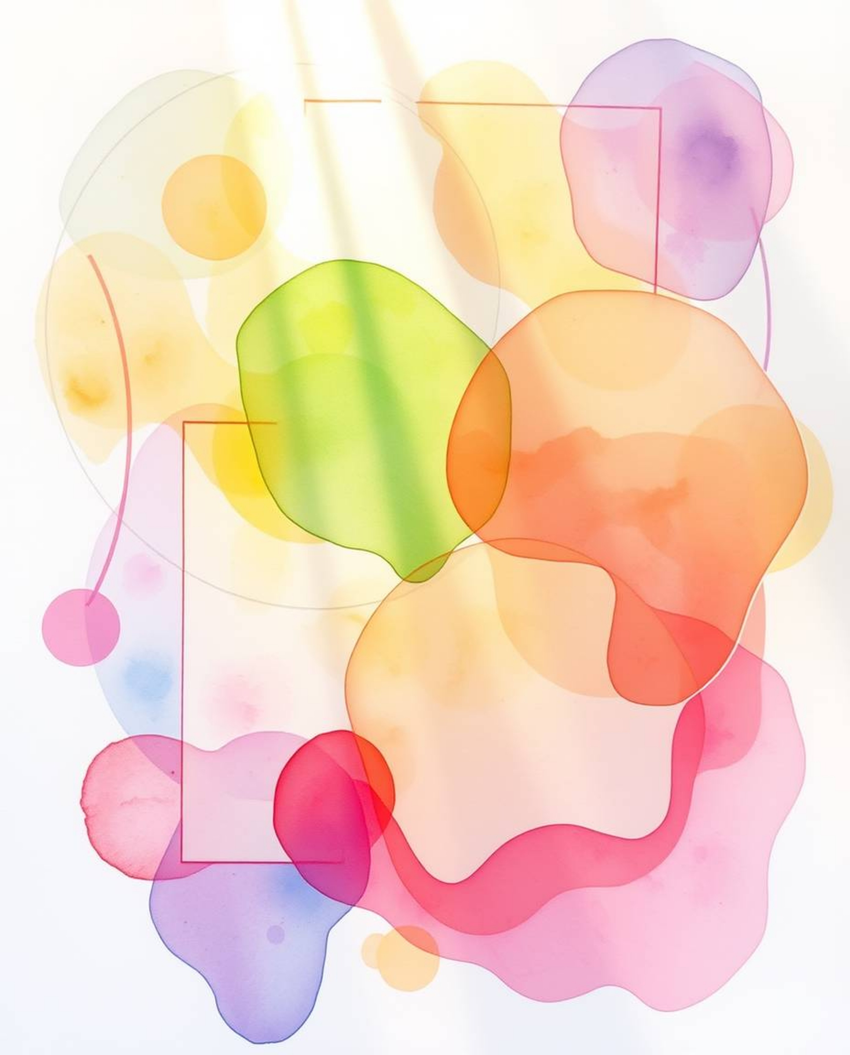 A delicate watercolor painting capturing warm golden hour light, showcases an abstract composition where colorful 3D fluid sh