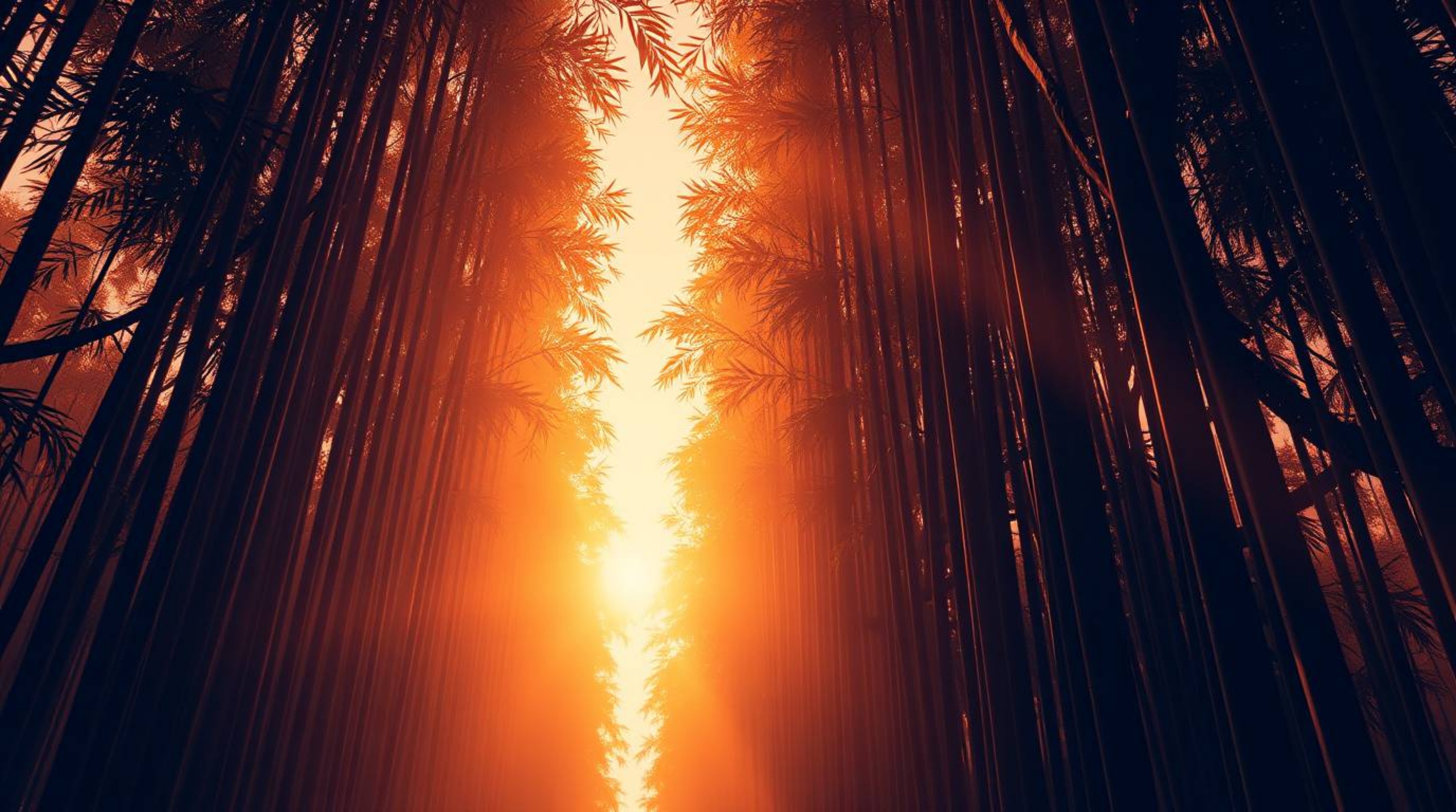 A breathtaking high-resolution photograph captures a grand, epic scene within a bamboo forest, illuminated by the warm hues o
