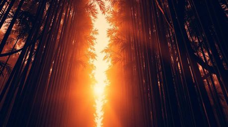 A breathtaking high-resolution photograph captures a grand, epic scene within a bamboo forest, illuminated by the warm hues o