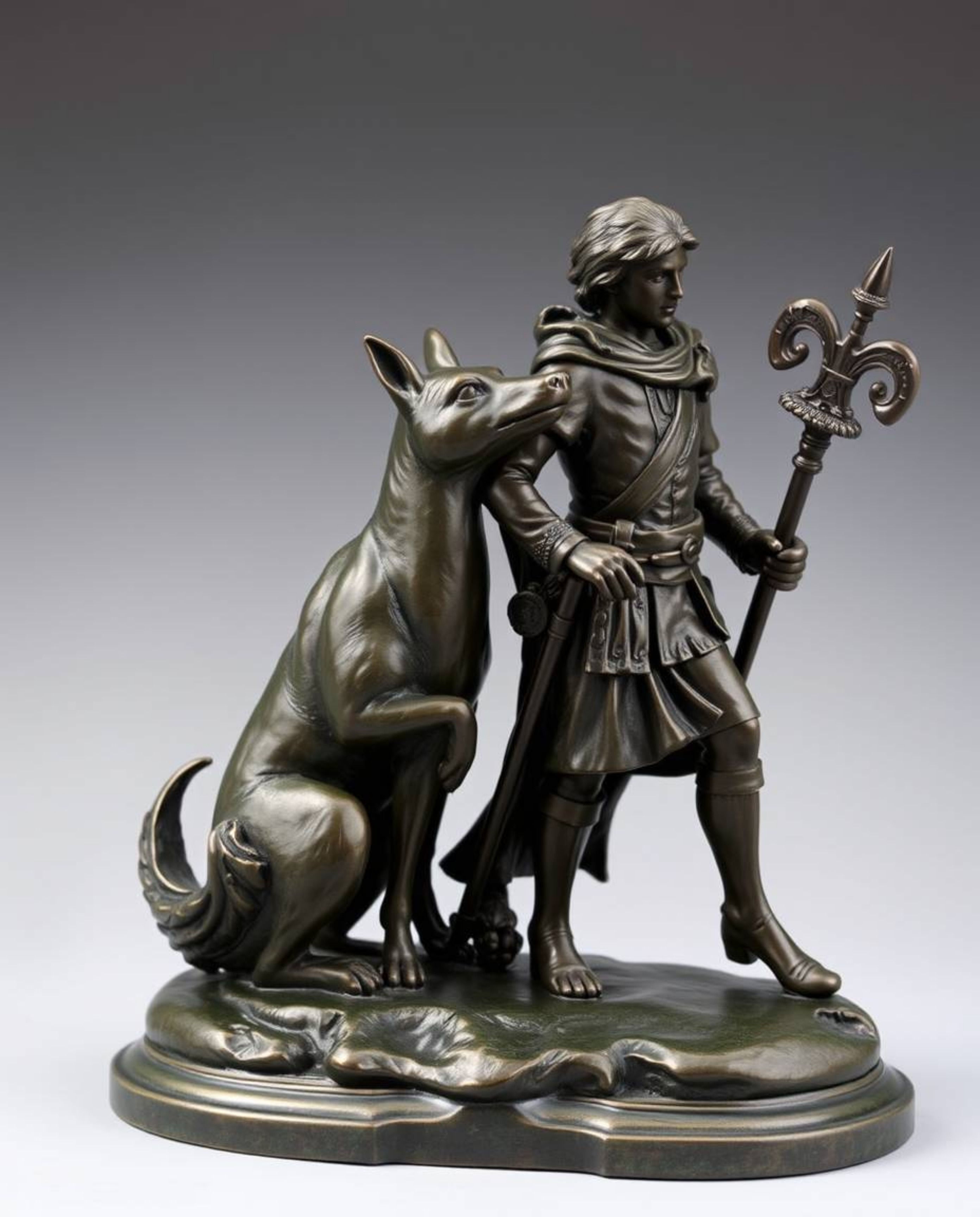 This cast bronze sculpture depicts a graceful and elegant talking animal sidekick assisting a hero on their journey.  The art