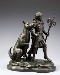 This cast bronze sculpture depicts a graceful and elegant talking animal sidekick assisting a hero on their journey.  The art