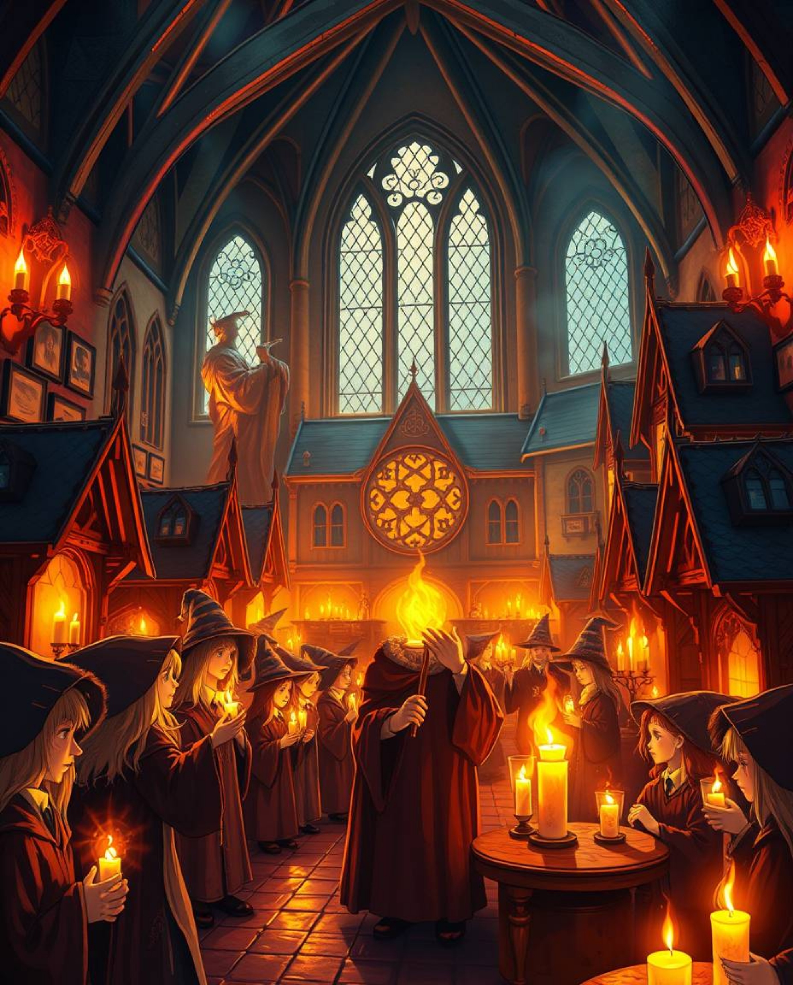 Discover a captivating image of a magical school brimming with young wizards. The scene is bathed in the warm, inviting glow