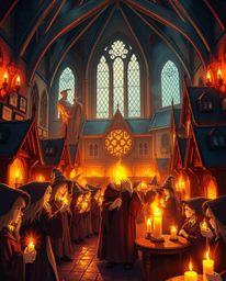 Discover a captivating image of a magical school brimming with young wizards. The scene is bathed in the warm, inviting glow