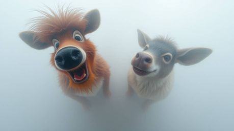 This high-angle perspective photograph captures a scene of two mischievous talking animals enveloped in thick fog, creating a